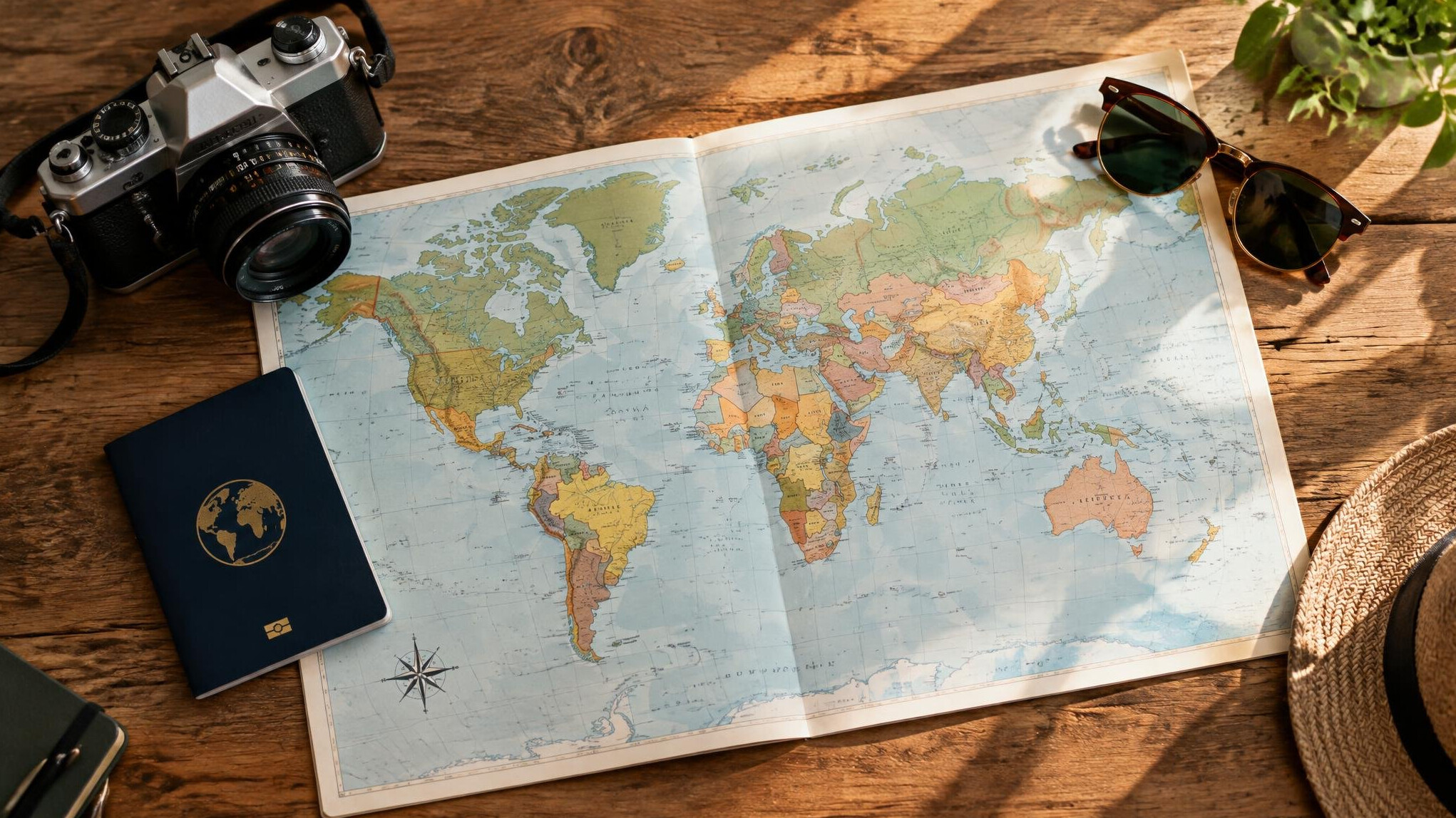 Travel planning with map and camera on a table