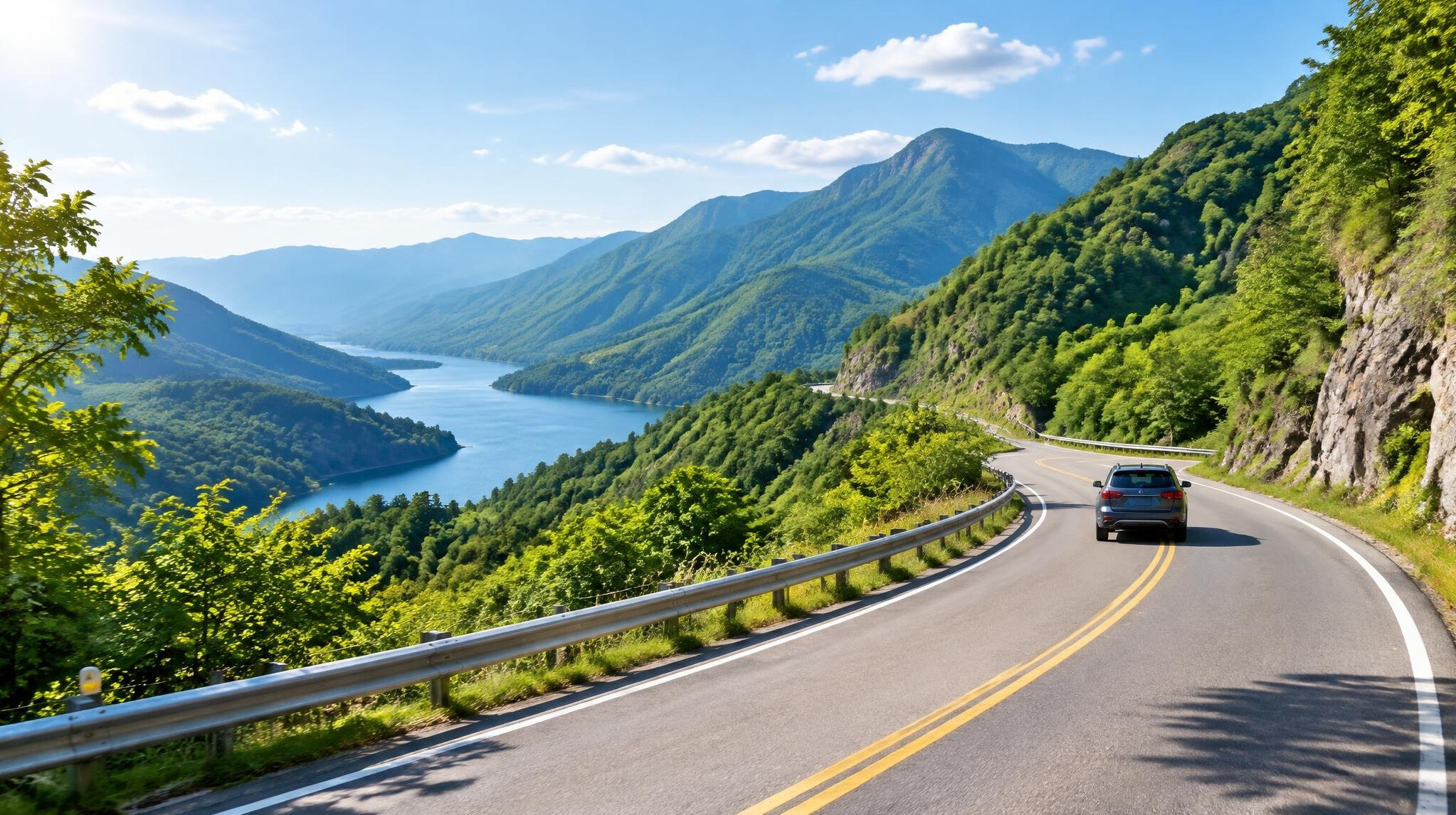 Scenic winding road through mountains on a road trip